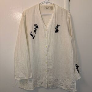 J. Jill 100% Linen Embroidered Eyelet Button Down Blouse - Medium